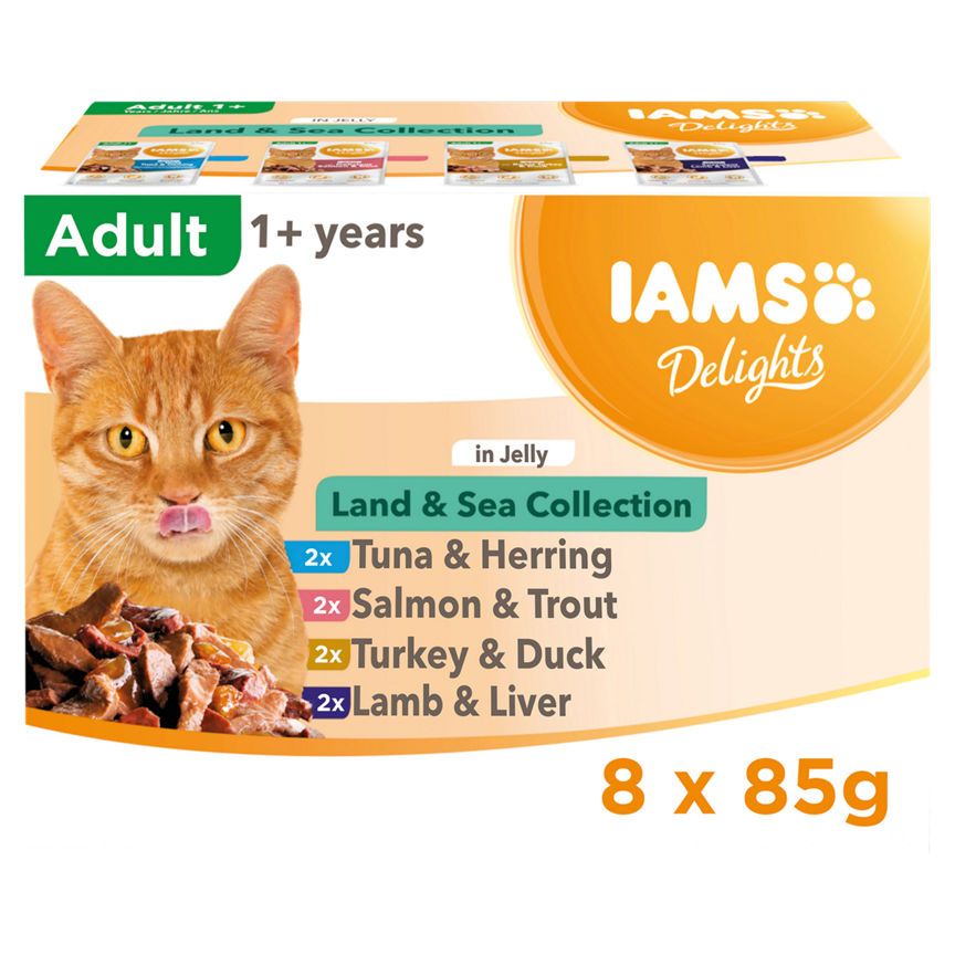 Iams Delights 1+ שקיות מזון רטוב לחתולים למבוגרים Land &amp; אוסף ים בג'לי