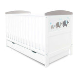 Ickle Bubba Coleby stílusú kiságy, fiók alatt és Deluxe matrac - Elephant Love Grey