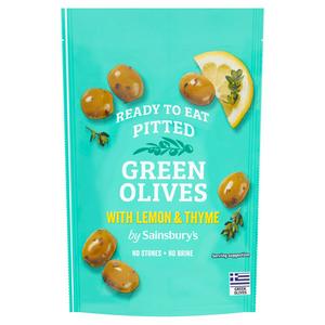 Sainsbury's Greek green olives with lemon thyme 70g (British brand)