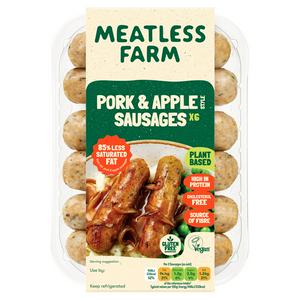 Meatless Farm pork and apple style sausages 300g, imported from the UK