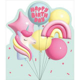 Sainsbury's Happy Birthday greeting card unicorn rainbow balloons pink yellow, UK version
