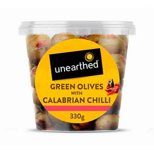 Unearthed green olives with chilli and herb dressing 330g (British brand)