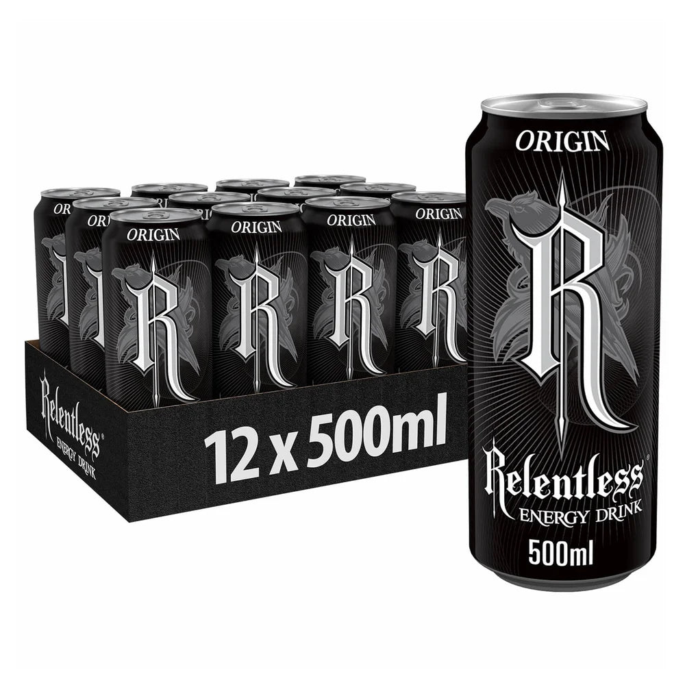 Relentless Origin Energy Drink 500ml pack, imported from the UK