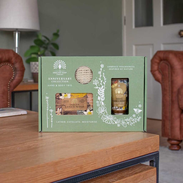 Indian Sandalwood Hand and Body Gift Set with Soap, Cream, and Exfoliating Pouch