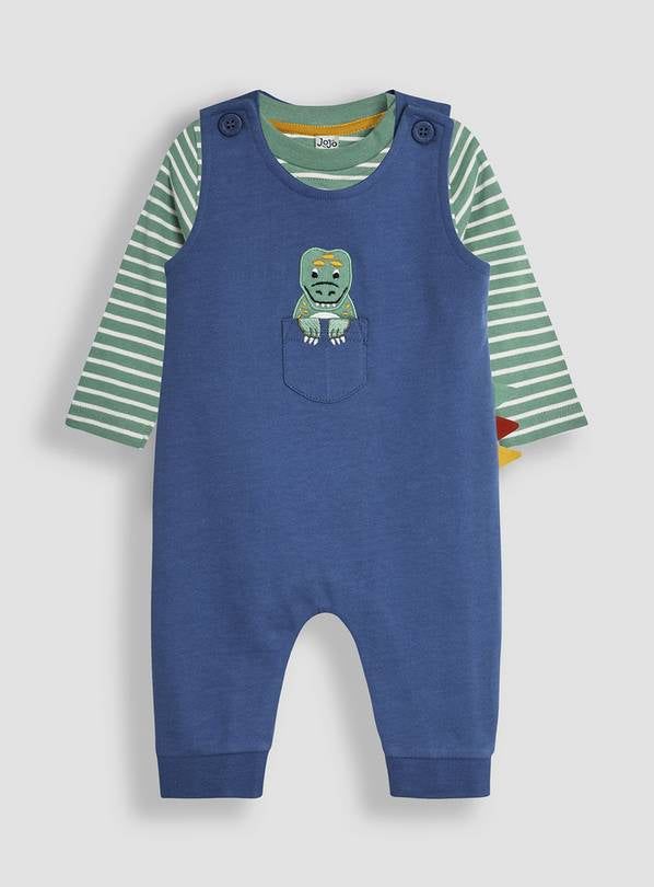 JOJO MAMAN B&amp;Eacute;B&amp;Eacute; Dino Applique Pocket Dungarees &amp;amp; Top Set 12-18 months
