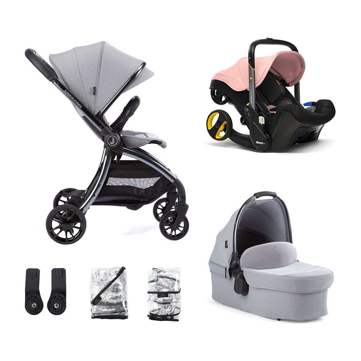 Junior Jones Aylo Pebble Grey 6 részes utazási rendszer Doona Blush rózsaszín autósüléssel