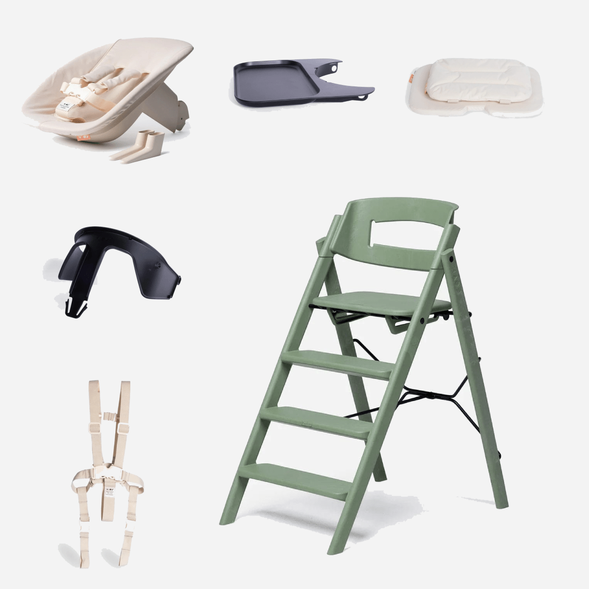 KAOS Klapp highchair bundle in Mineral Green, imported from the UK