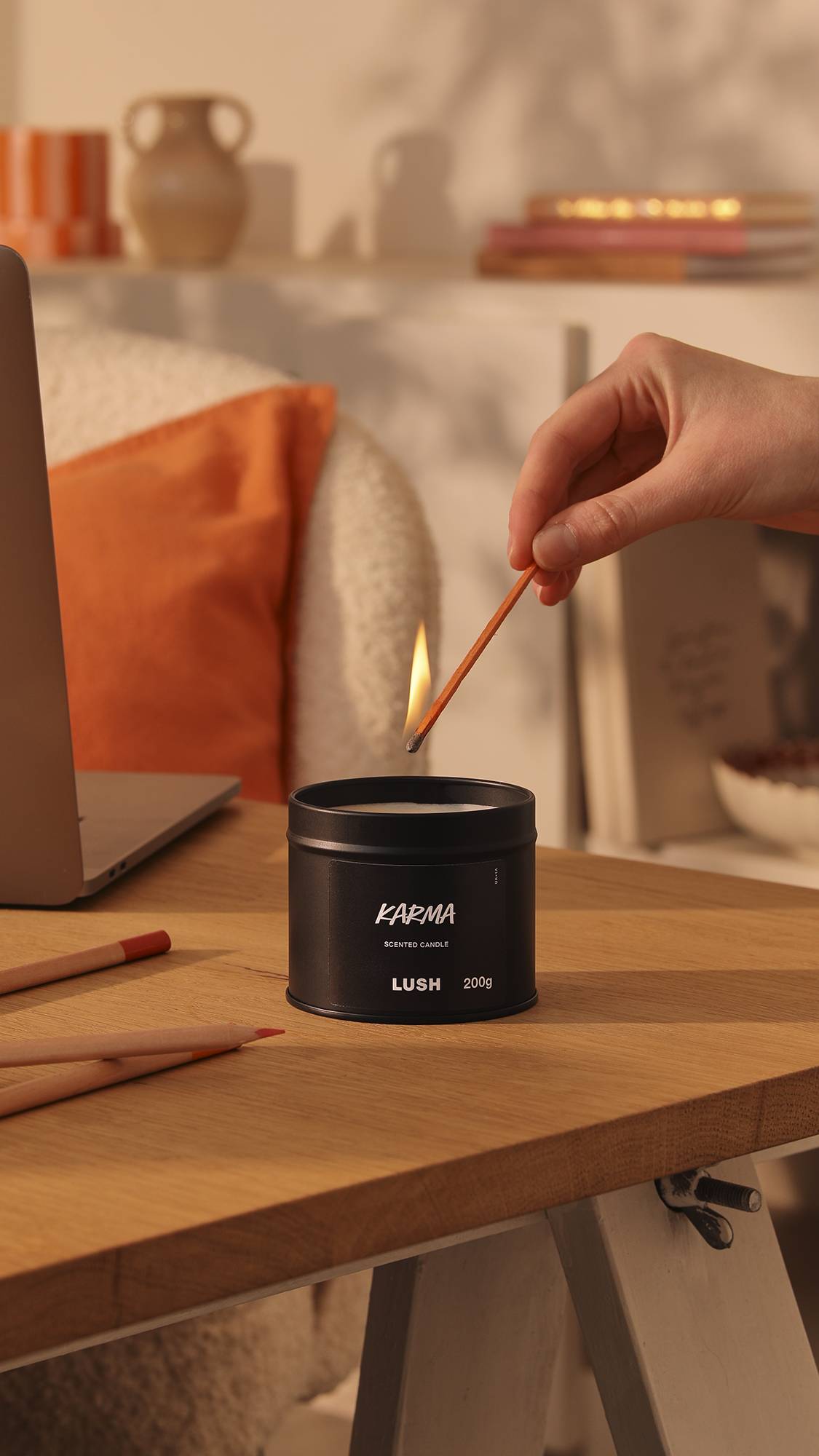 Lush Karma single wick scented candle in tin, UK version