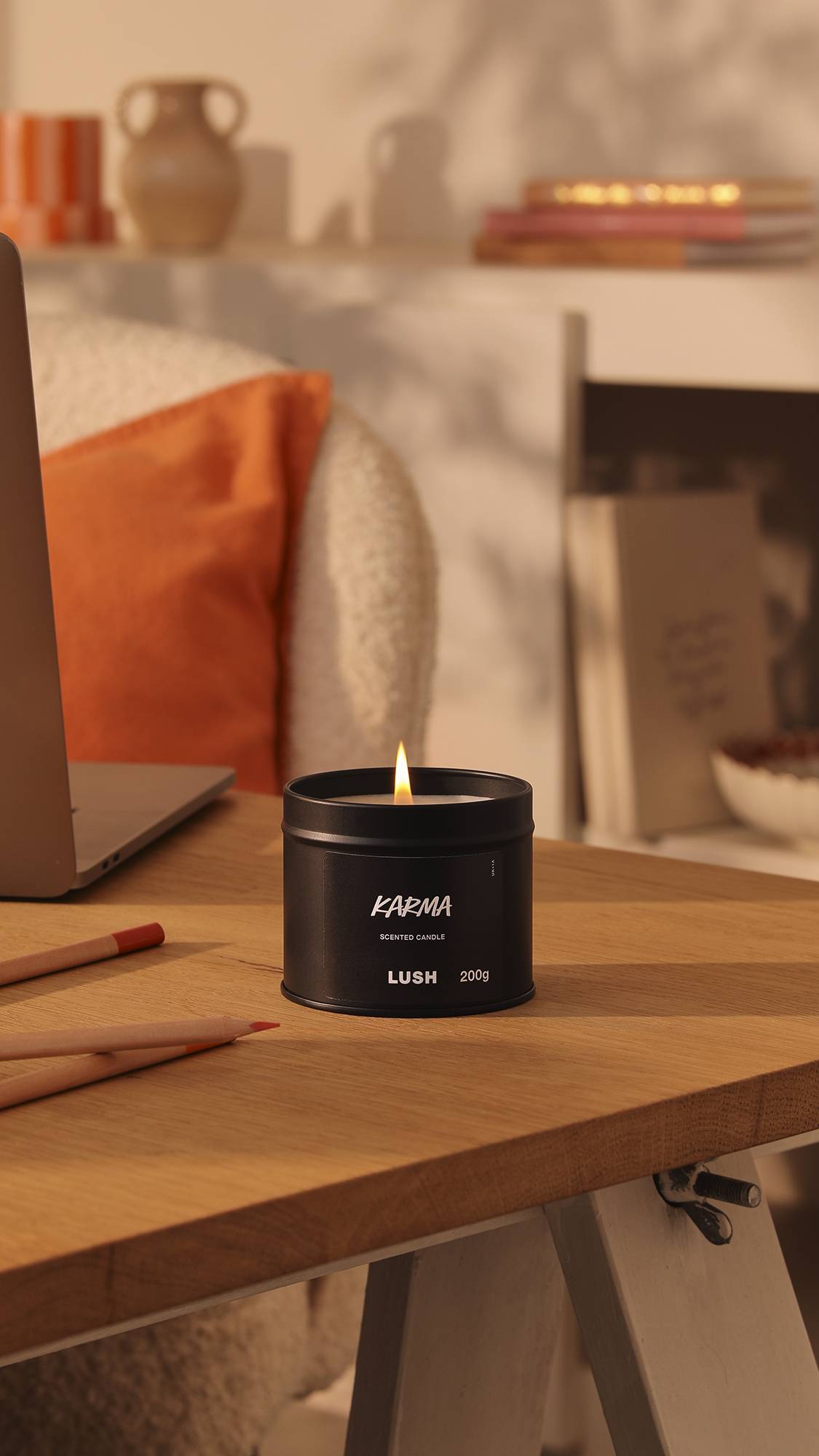 Lush Karma single wick scented candle in tin, UK version