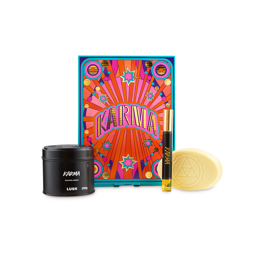 Lush Karma gift set with candle, massage bar and perfume - British product