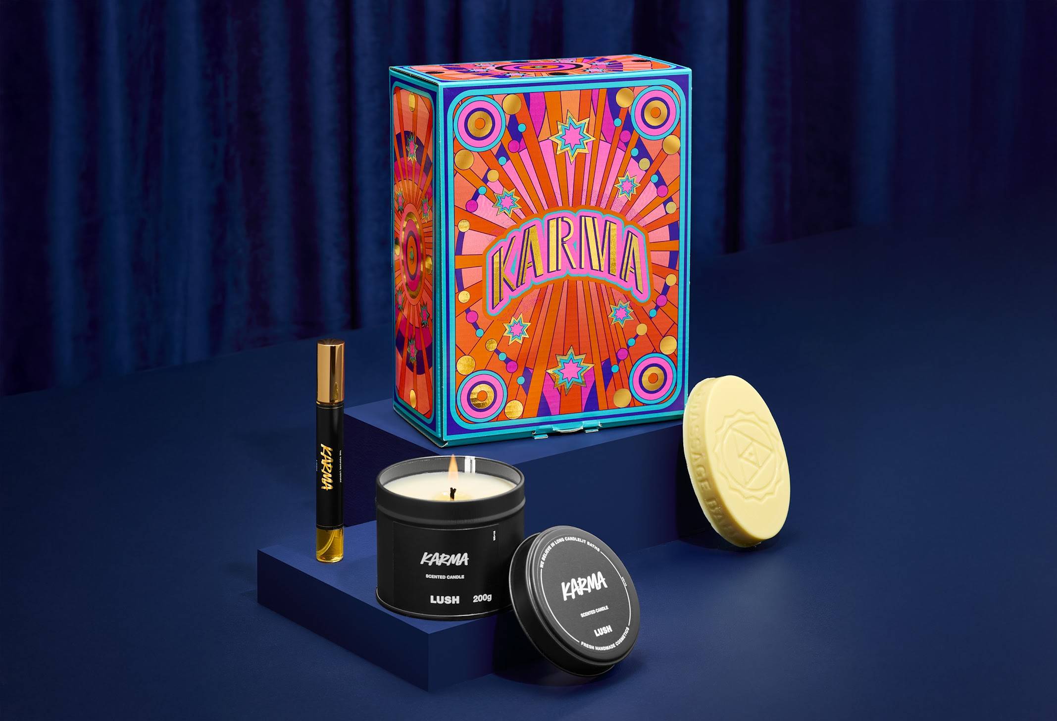 Lush Karma gift set with candle, massage bar and perfume - British product