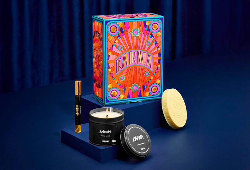 Lush Karma gift set with candle, massage bar and perfume - British product