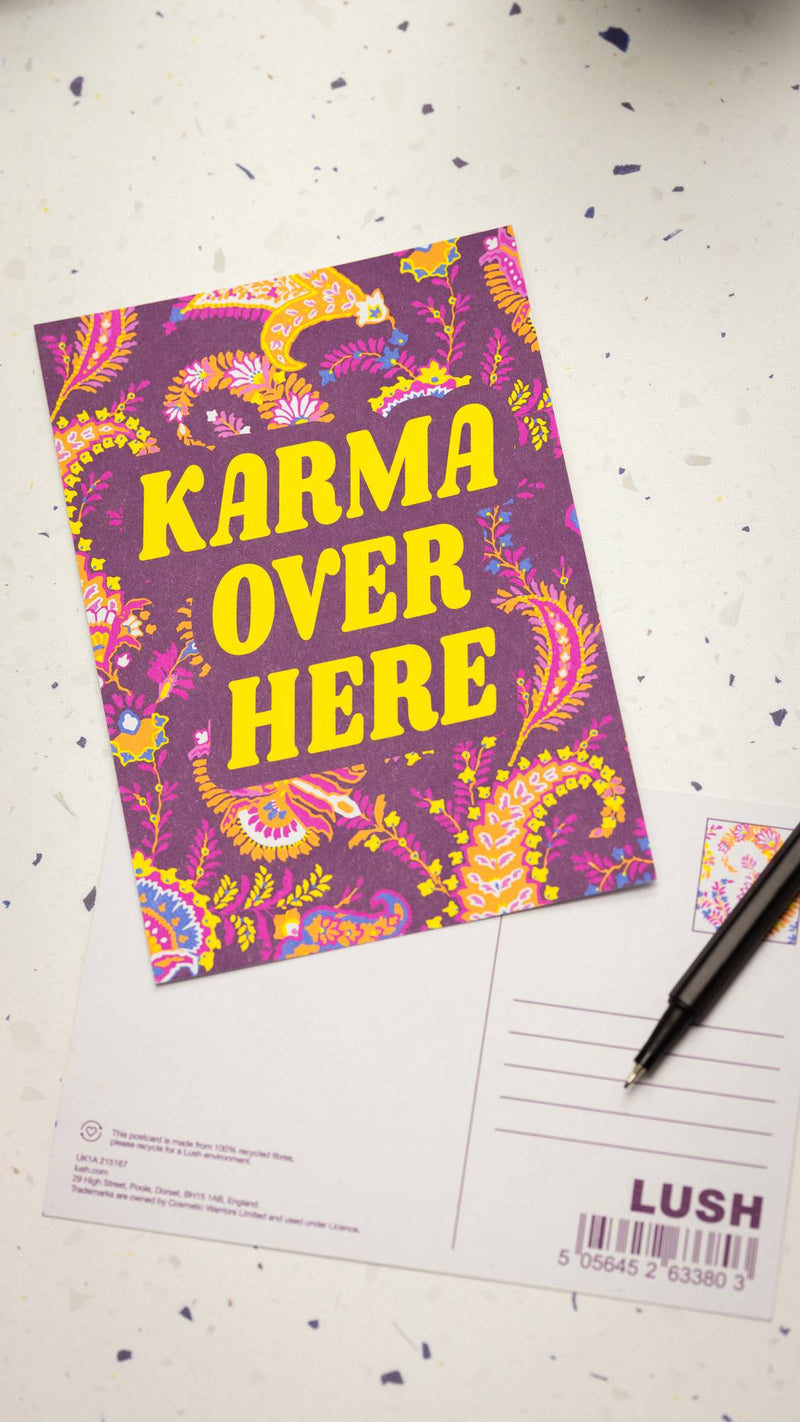 Lush Karma Over Here postcard made from recycled card (British brand)