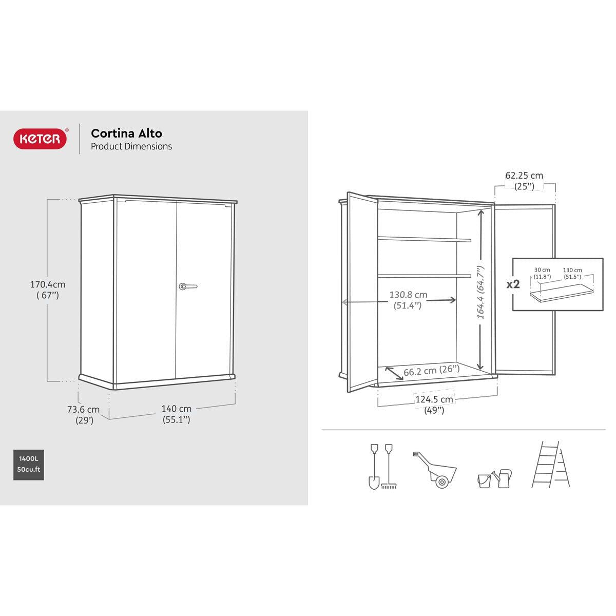 Keter Cortina Alto 4ft 6&amp;quot; x 2ft 4&amp;quot; (1.4 x 0.7m) 1,415 Litre Vertical Storage Shed with Shelves