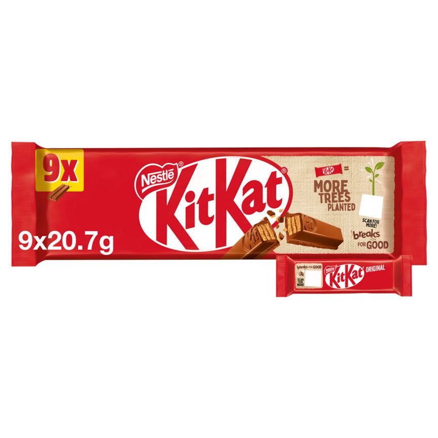 Kit Kat 2 Finger Milk Chocolate Biscuit Bar, 9 stk