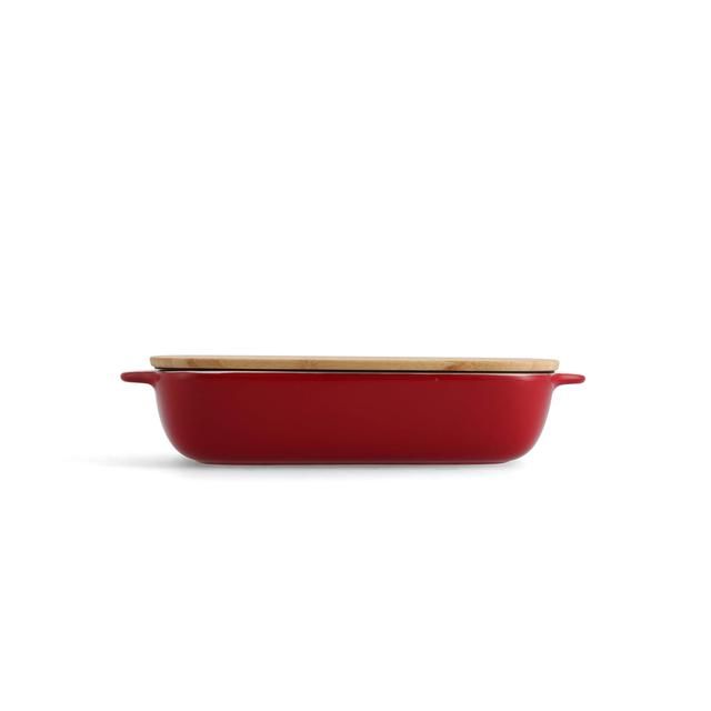 KitchenAid Empire Red, nagy, 32 cm-es kőedény téglalap alakú edény bambusz tetővel