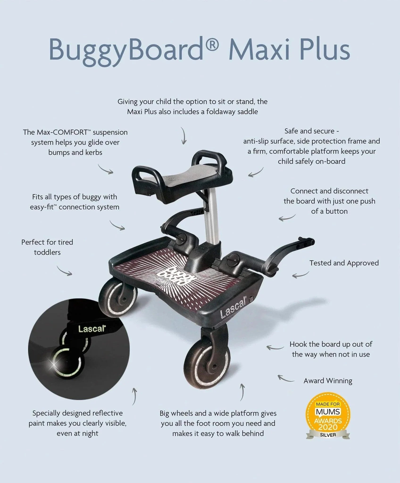 Lascal BuggyBoard Maxi Plus black grey seat - British product