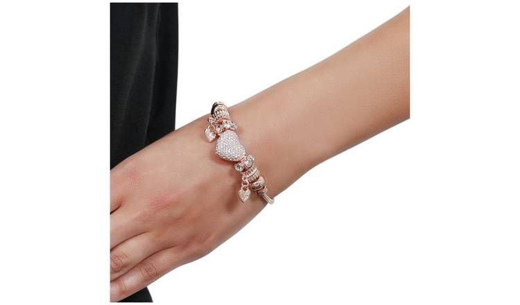 Lipsy Gold Color Crystal Pave Heart Charm T-Bar armbånd