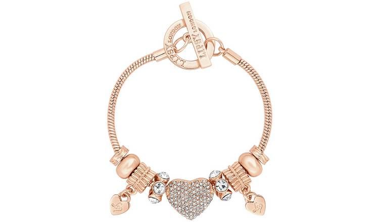 Lipsy Gold Color Crystal Pave Heart Charm T-Bar armbånd