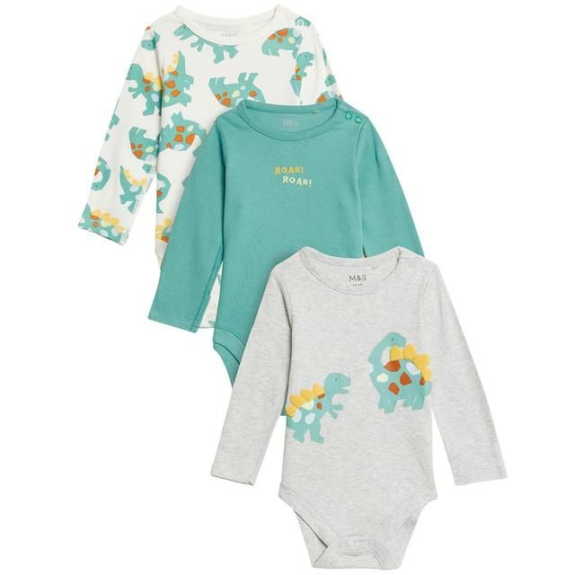 M&amp;amp;S 3 Pack Pure Cotton Dinosaur Bodysuits 0-3 Years