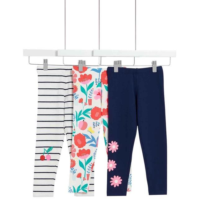 M&amp;amp;S Cotton Rich Garden Leggings 3 Pack 2-7 Years Ivory
