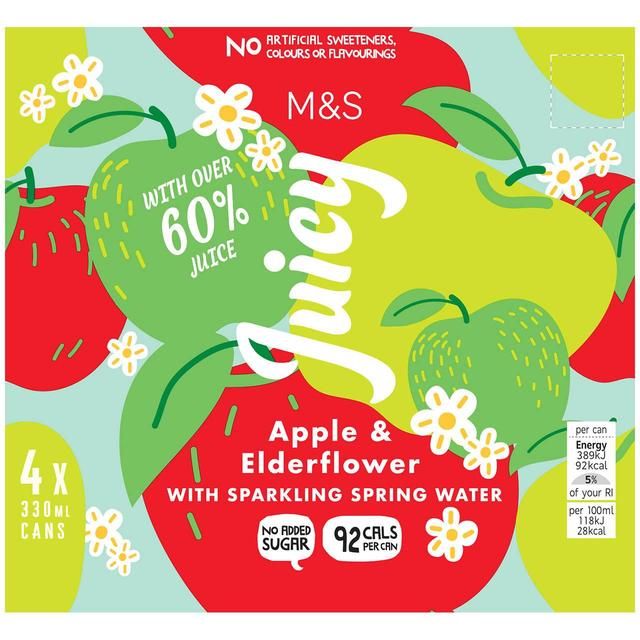 M&amp;amp;S Juicy Sparkling Apple &amp;amp; Elderflower Water   4 x 330ml