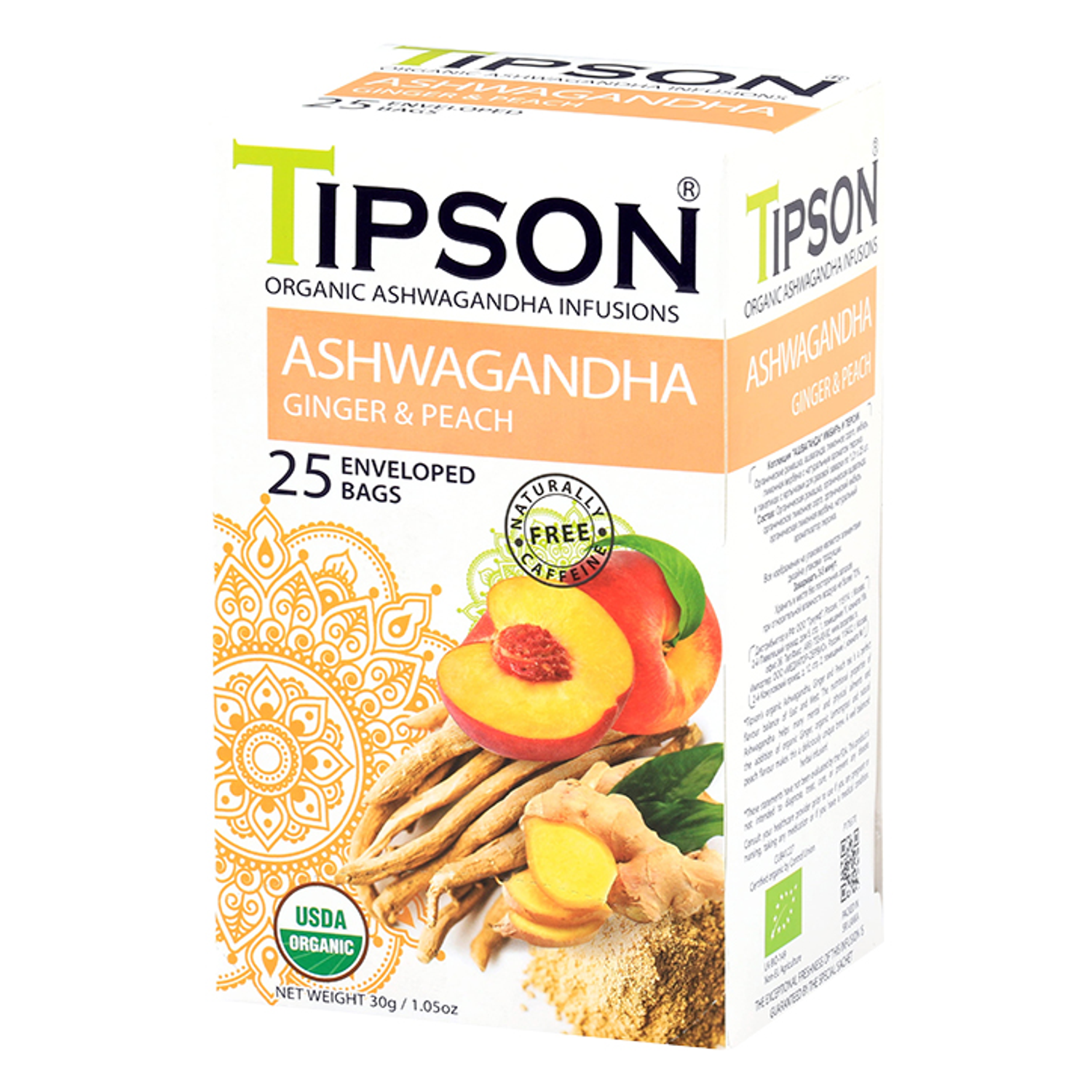 Tipson Organic Ashwagandha Ginger & Peach (25 Enveloped Tea Bags) - Ginger & Peach