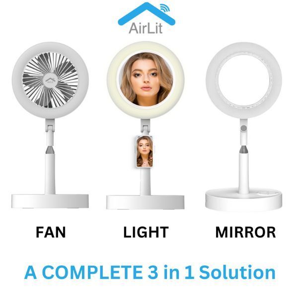 Make Up Vanity Mirror 3-in-1 Portable Smart Fan &amp;amp; LED Light