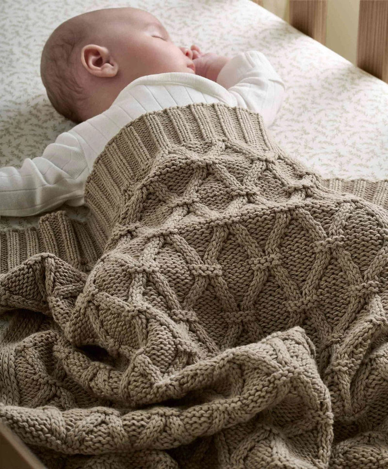 Mamas & Papas cable knit blanket in mocha, organic cotton baby blanket (British brand)