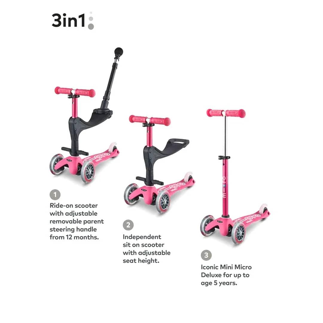 Micro 3in1 scooter in pink with push handle, imported from the UK