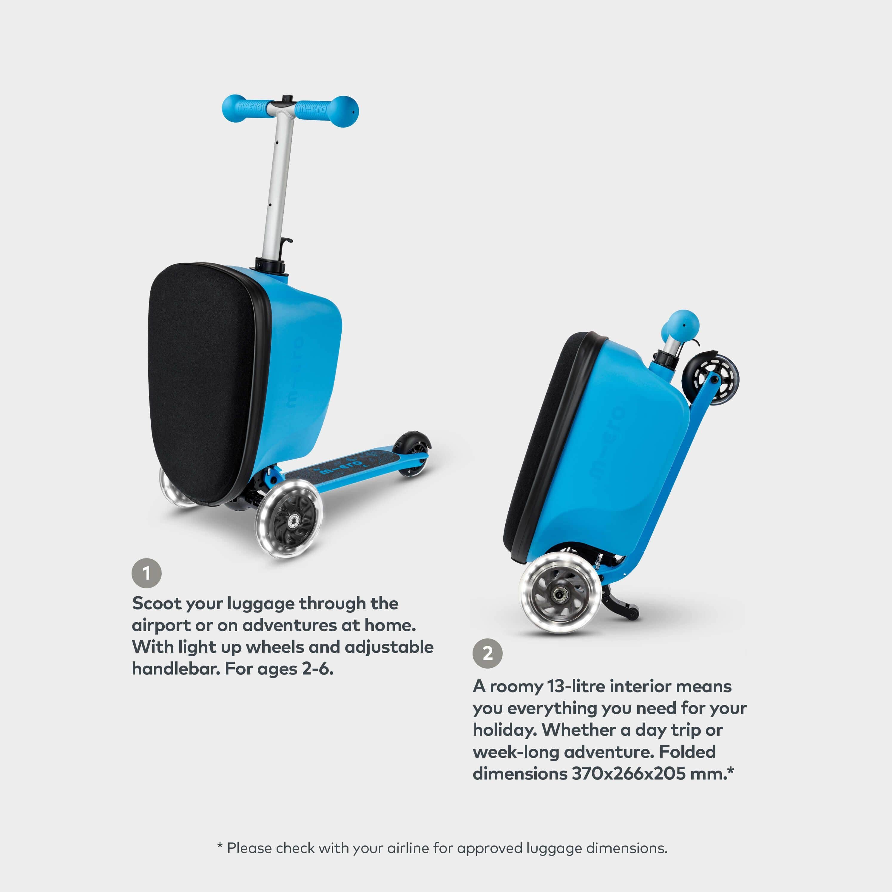 Micro Junior Luggage scooter suitcase in blue (British brand)