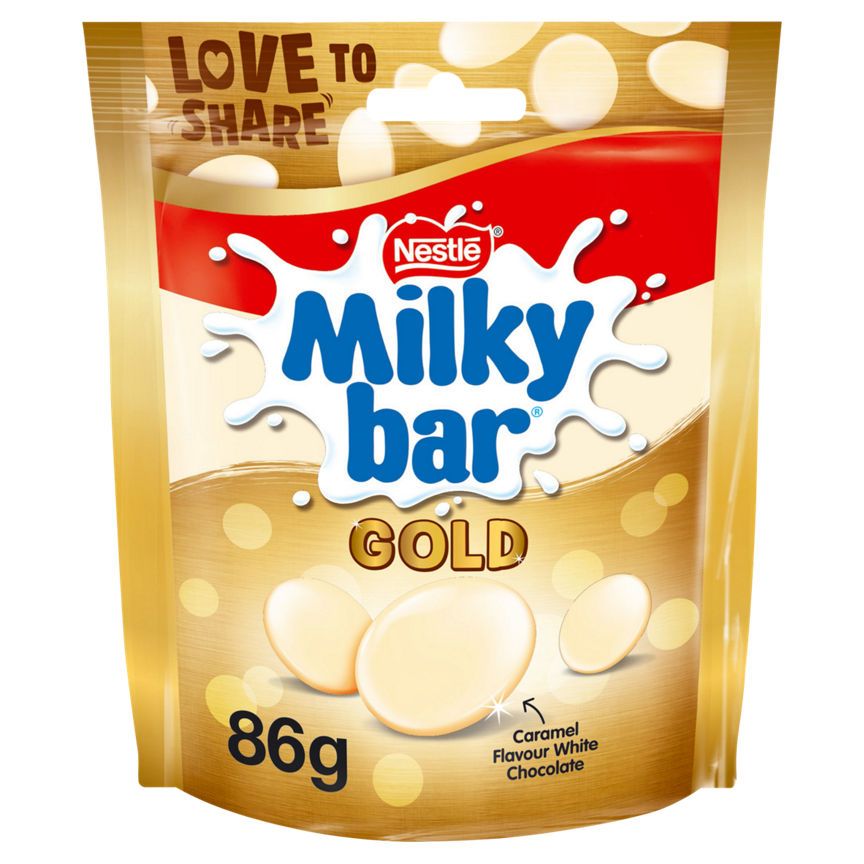 Milkybar-knapper Gull Caramel Flavor White Chocolate Delebag