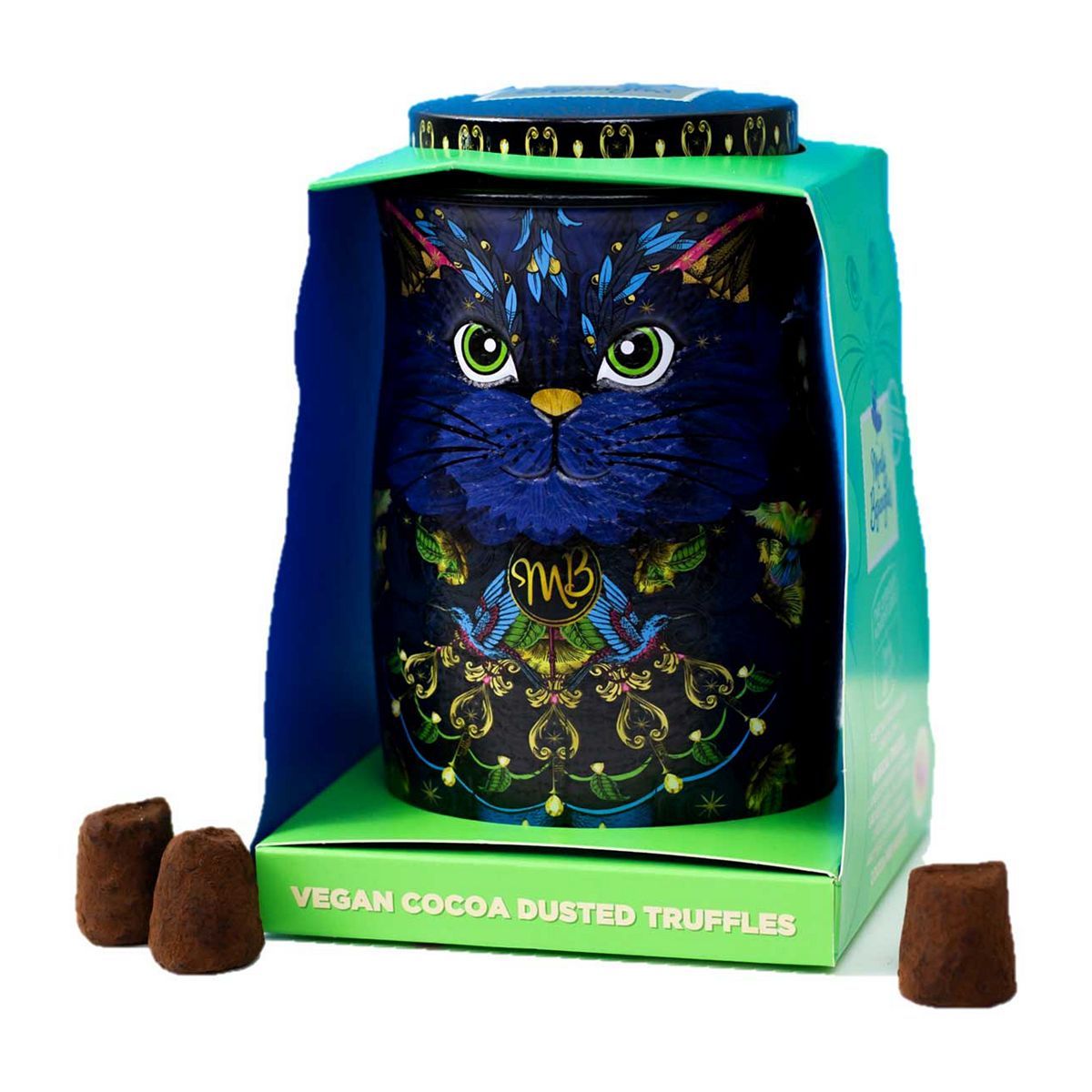 Monty Bojangles Midnight Prince Cat Tin Gift with Cocoa Nib Nights Cocoa Dusted Vegan Truffles 135g