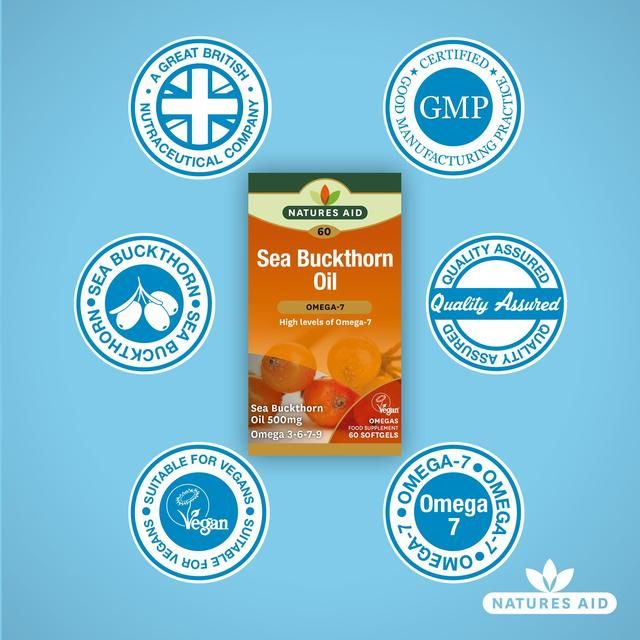 Natures Aid Sea Buckthorn Oil Omega-7 Soft Gel Supplement Capsules 500mg    60 per pack
