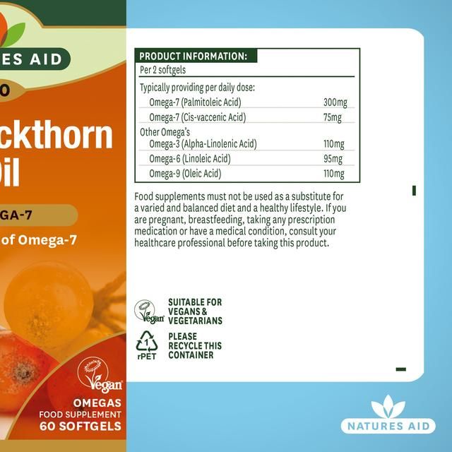 Natures Aid Sea Buckthorn Oil Omega-7 Soft Gel Supplement Capsules 500mg    60 per pack