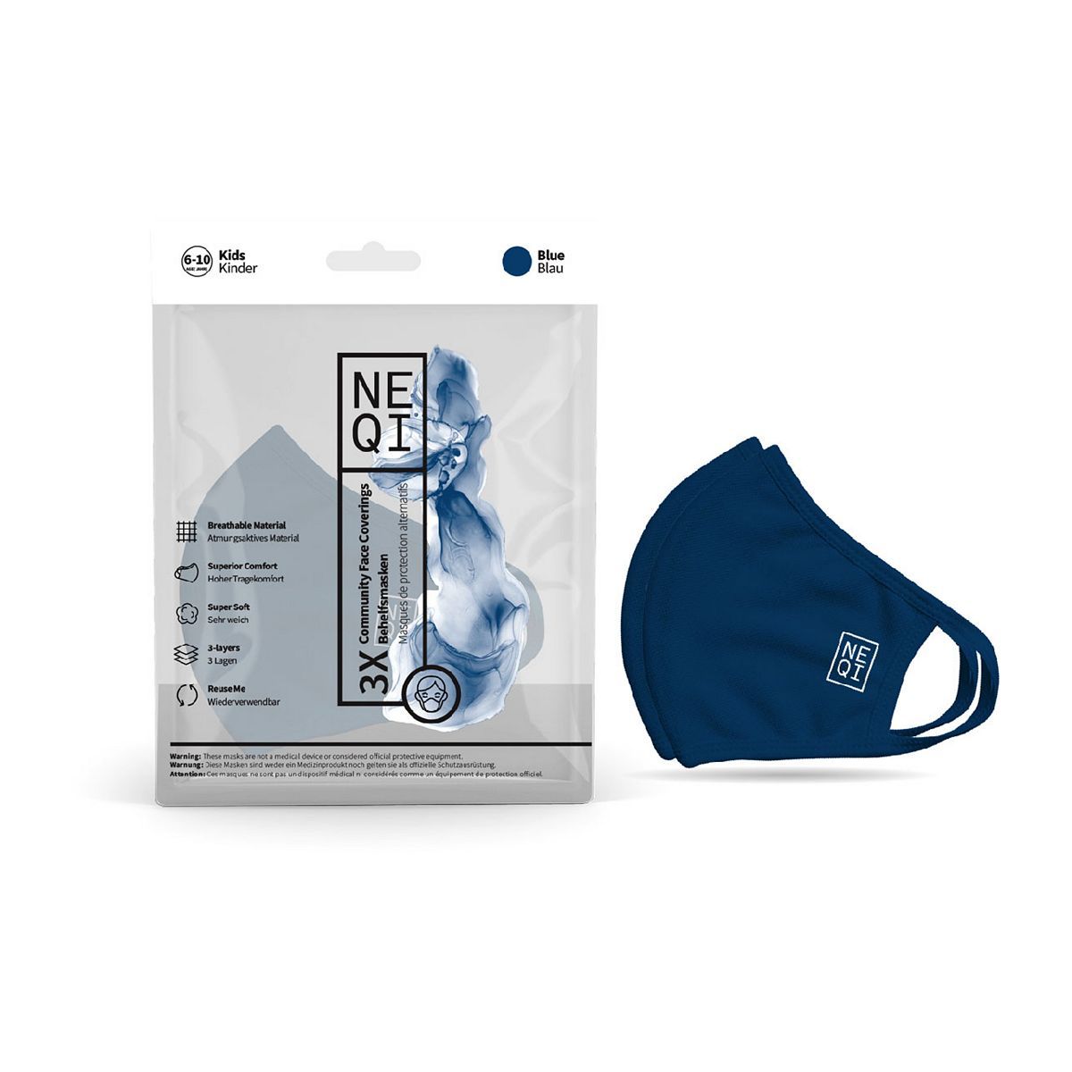 NEQI 3PLY Reusable Face Masks - 3 Pack (Kids 6-10 - Blue)