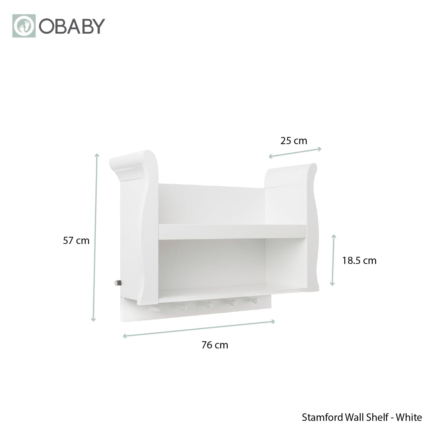 Obaby Stamford sleigh nursery shelf in white, imported from the UK