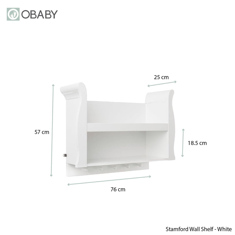 Obaby Stamford sleigh nursery shelf in white, imported from the UK