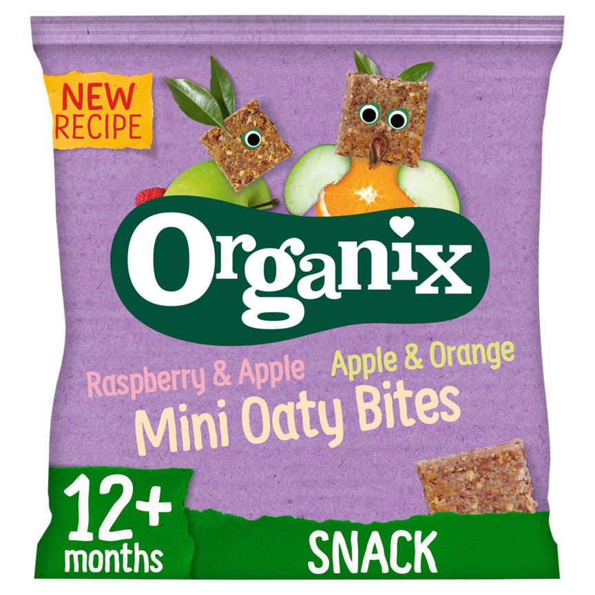 Organix bringebær og eple, eple og appelsin Mini Oaty Bites 110g
