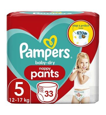 Pampers Baby-Dry pelenkázó nadrág 5-as méret, 33 pelenka, 12kg-17kg, Essential csomag