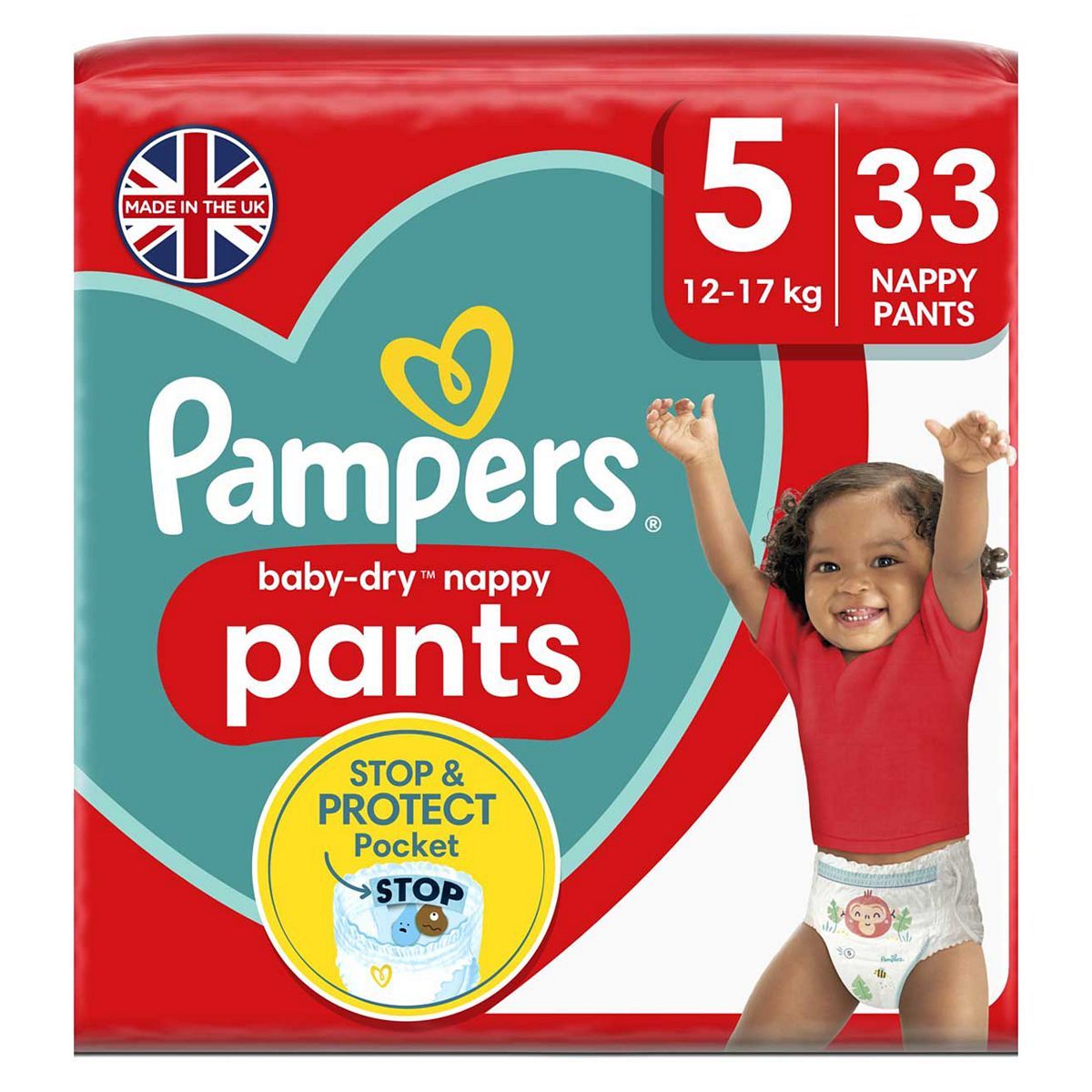 Pampers Baby-Dry pelenkázó nadrág 5-as méret, 33 pelenka, 12kg-17kg, Essential csomag
