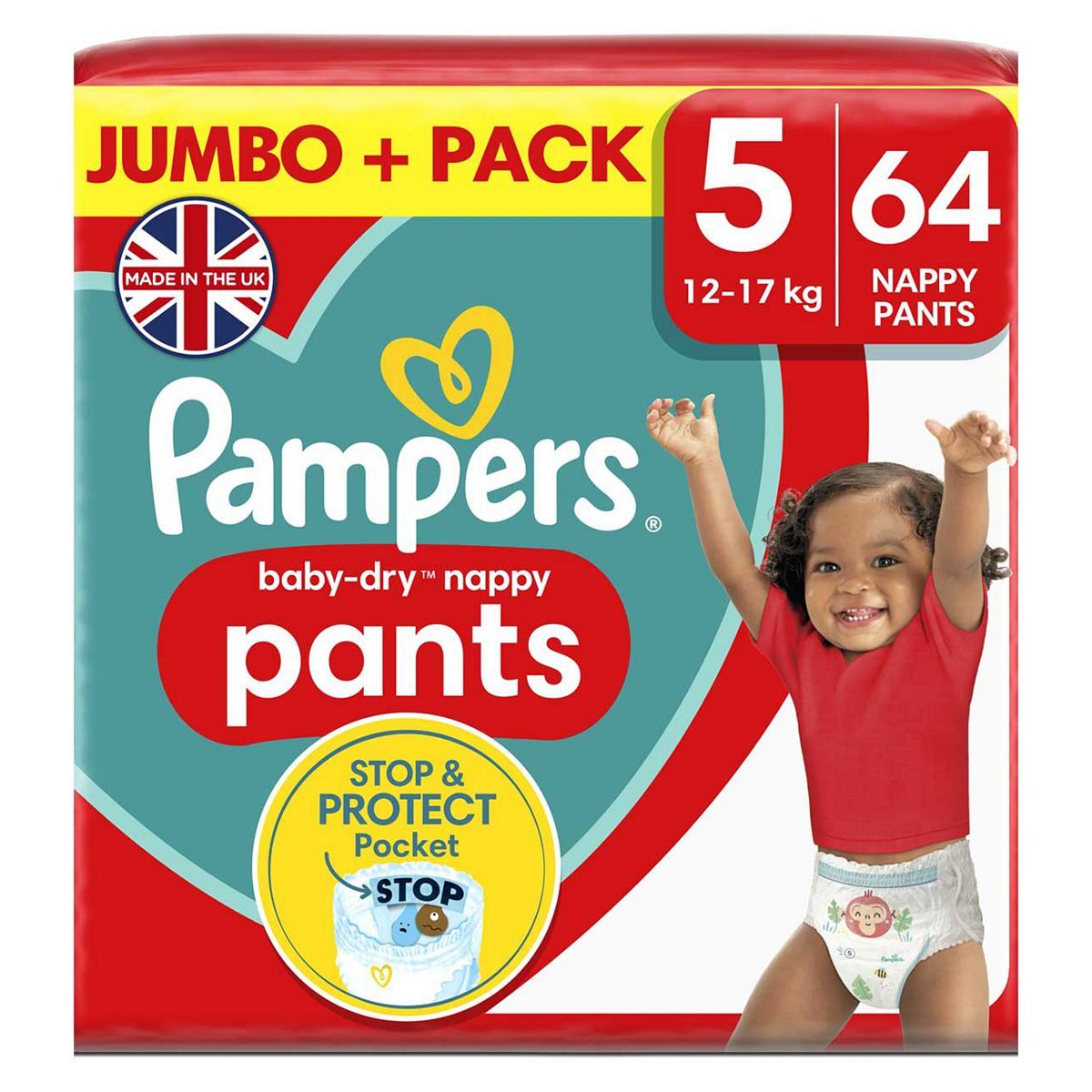 Pampers Baby-Dry pelenkázó nadrág 5-es méret, 64 pelenka, 12kg - 17kg, Jumbo+ csomag
