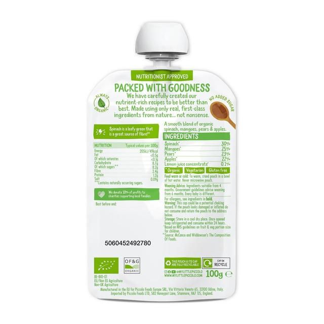 Piccolo Organic Mango &amp;amp; Pear with a hint of Apple &amp;amp; Spinach 4+ months   100g