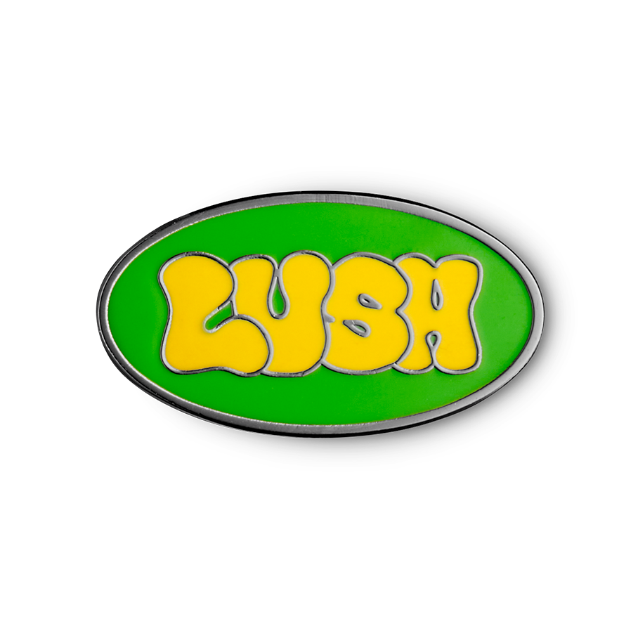 Lush retro green and yellow pin badge, imported from the UK
