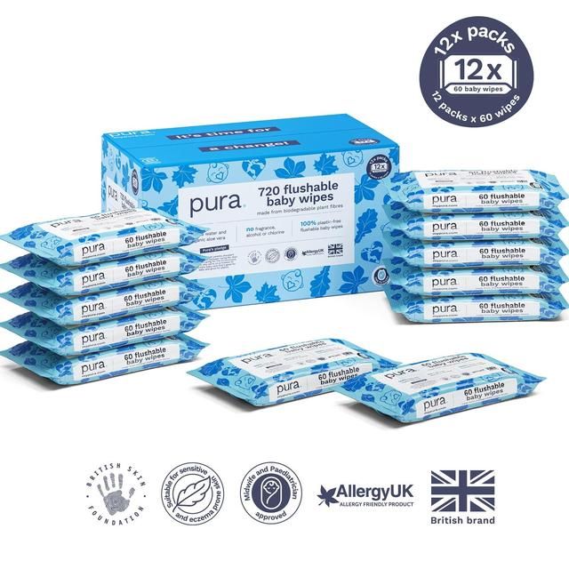 Pura Plastic Free Flushable Baby Wipes 12 x 60pk   12 x 60 per pack