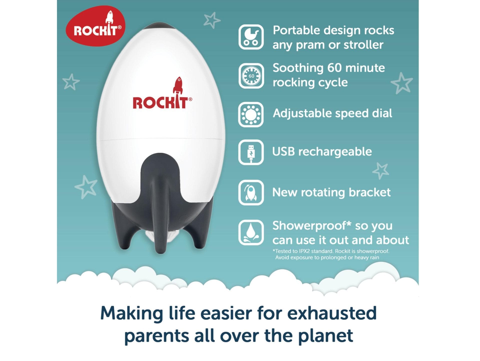 Rockit portable baby rocker with 388g USB-C rechargeable stroller bracket (British brand)