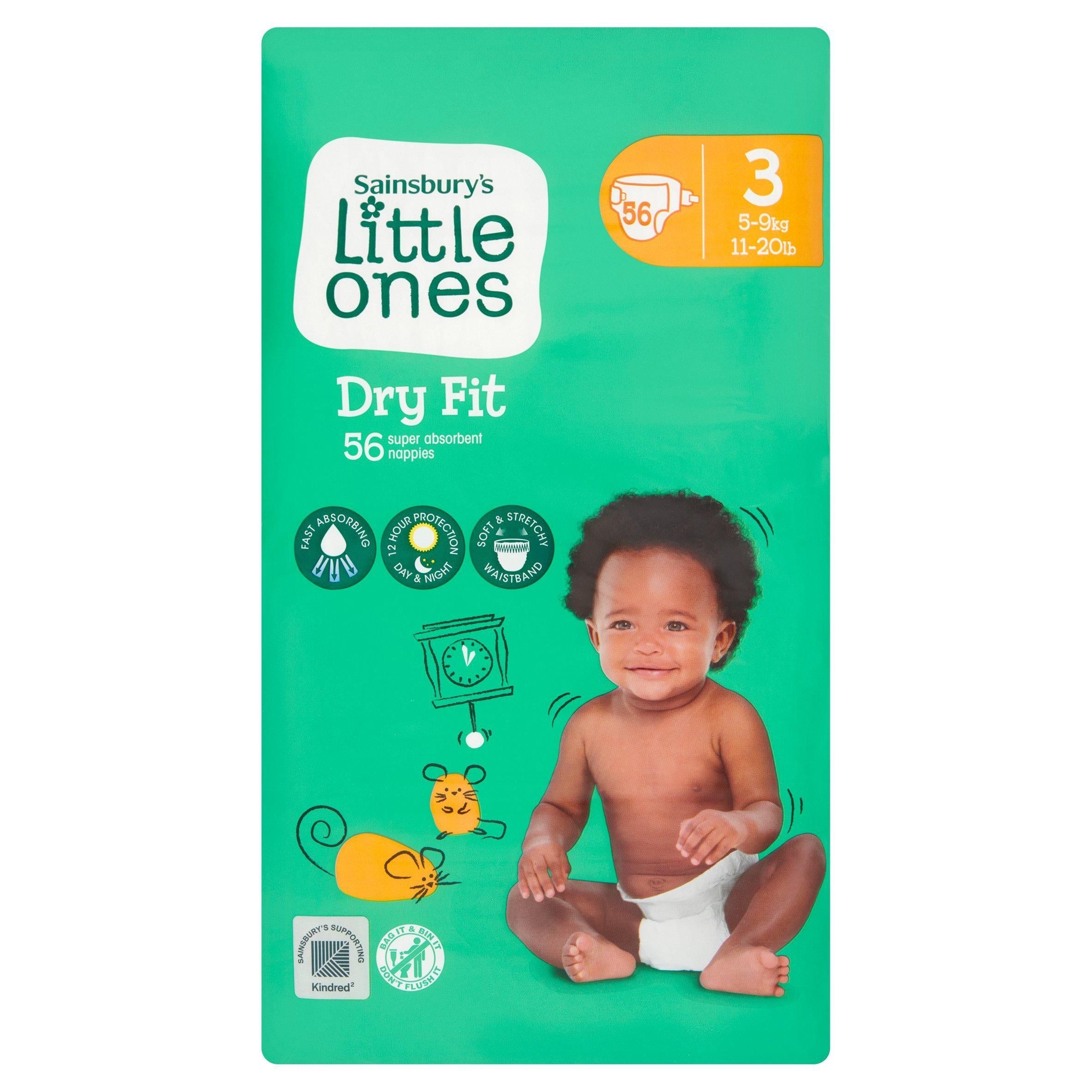 Sainsbury's Little Ones Dry Fit Size 3 Midi 56 Nappies