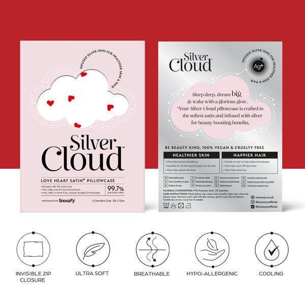 Silver Cloud Heart Print Satin Pillowcase With Silver Ions