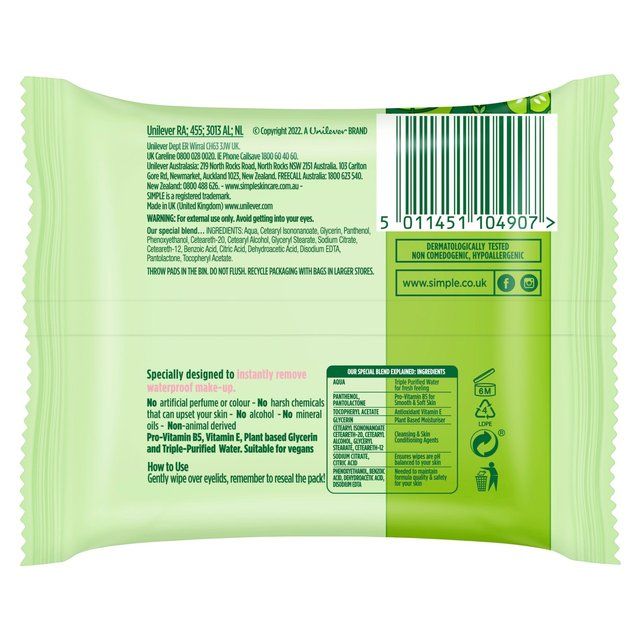 Simple Kind to Skin Eye Make Up Remover Pads   30 per pack