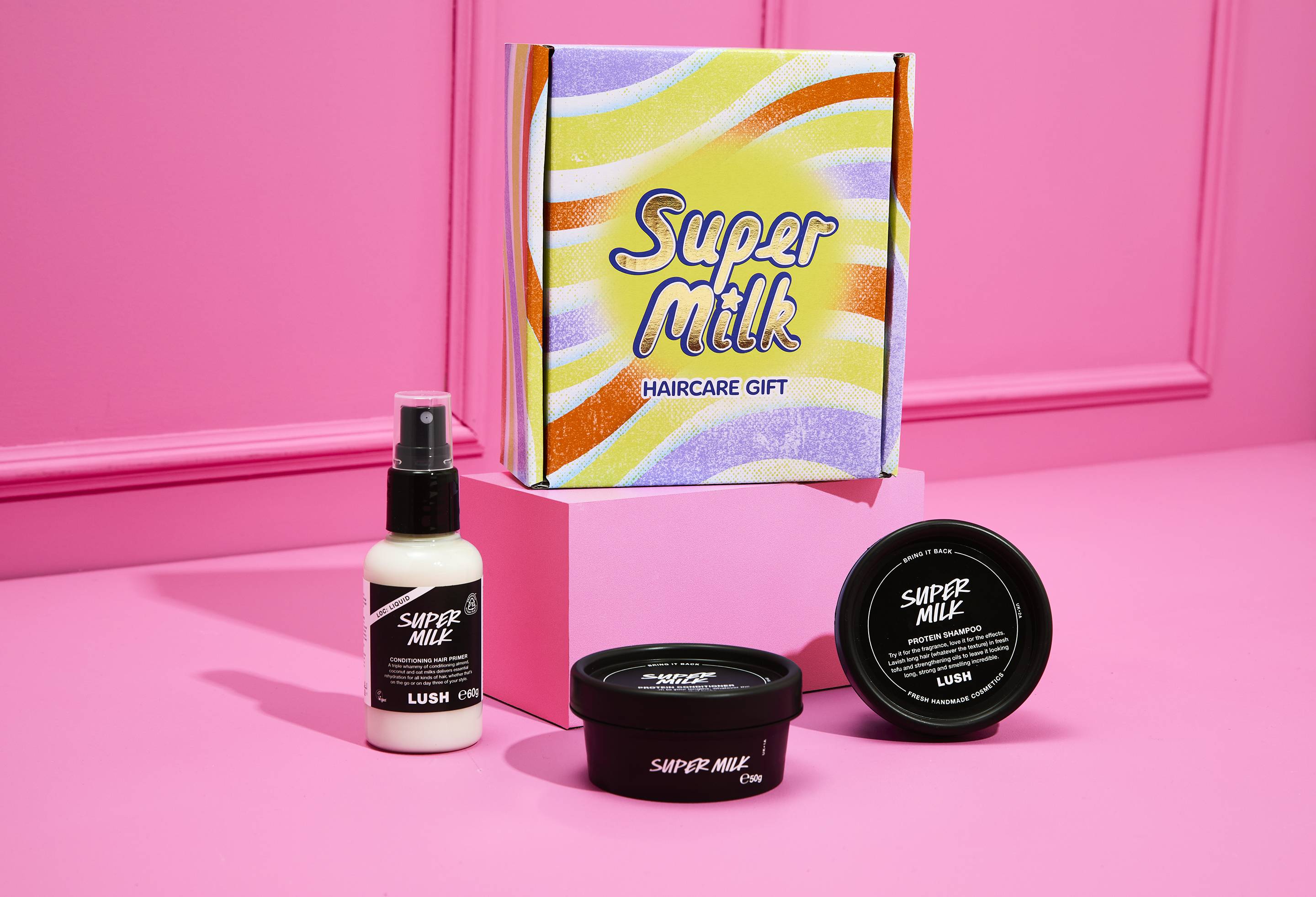 Lush Super Milk haircare gift set includes shampoo primer conditioner, UK version